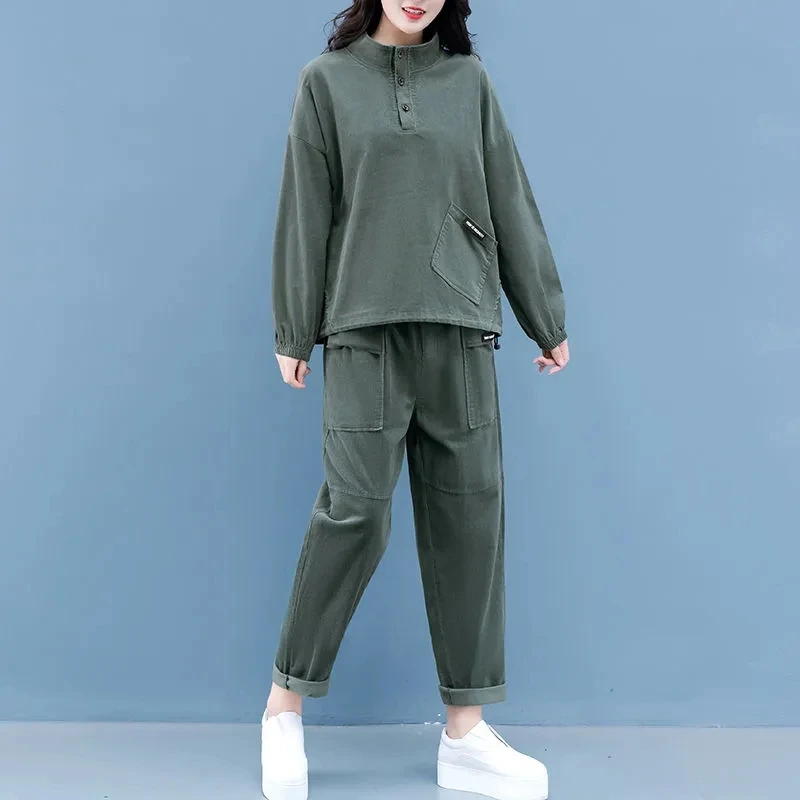 Oversized Women\'s Suit 2023 Spring Autumn Long sleeved Sweatshirt Sportswear Two-piece Loose Solid Female Casual Clothing Sets