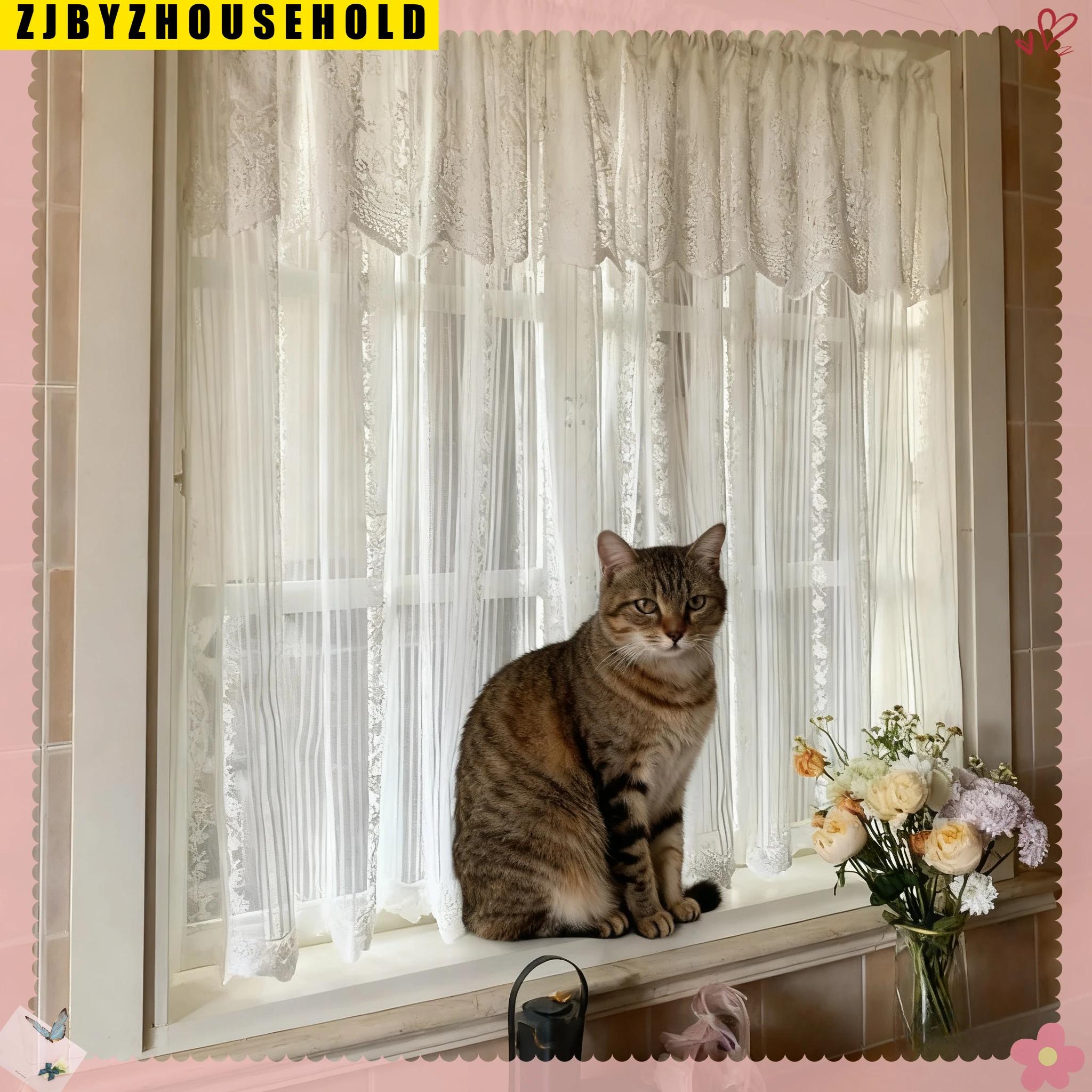 

Korean Pastoral Stripes Floral Gauze Curtains for Living Room Window Balcony Sheer Light Filtering Hook Velcro Home Decor Custom