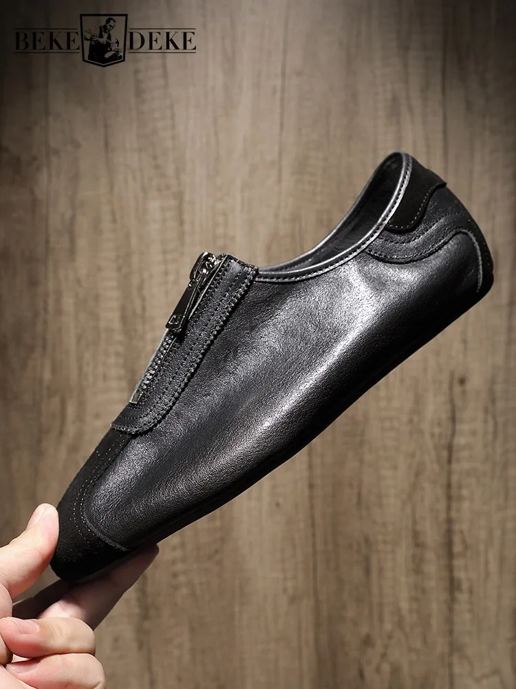 Male Genuine Leather Hard Wearing Casual Shoes Solid Color Cowhide Square Toe Cross Tied Platform Footwear