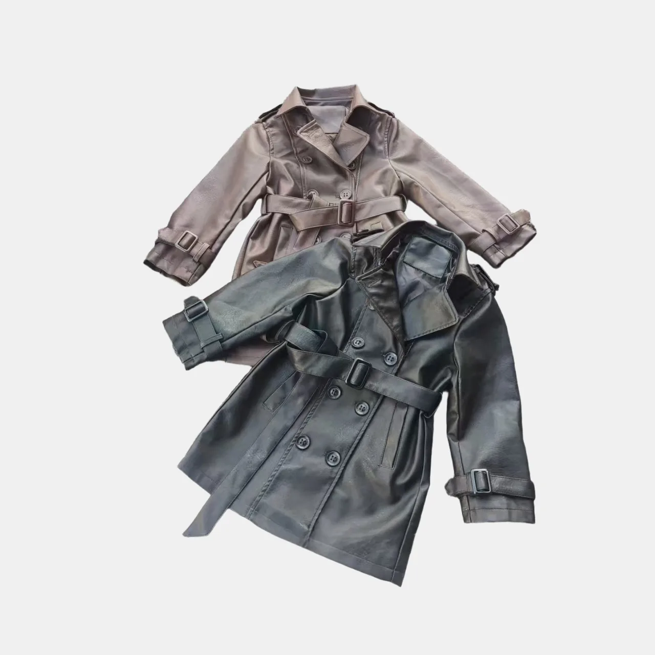 Girls' leather jacket autumn coat new trench coat spring autumn PU leather jacket mid-length stylish girls' foreign trade style