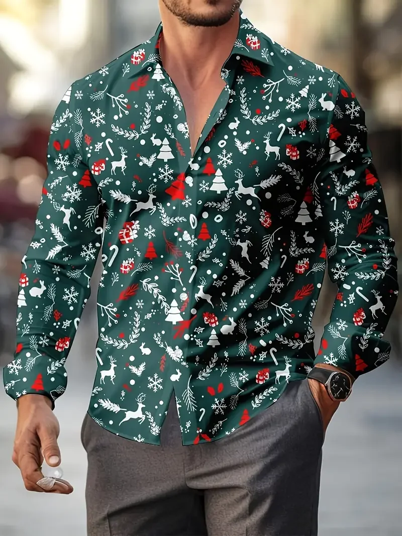 

New Year Party red Shirt Christmas Elk Men's Long Sleeves Shirt 3D Printed Long Sleeve Top Casual Christmas festival Men's Shirt