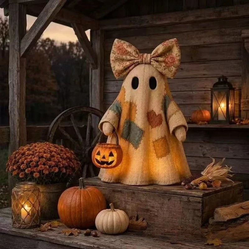 Patchwork Ghost Halloween Decor, Cute Spooky Hanging Doll, Fabric Ornament Prop, Outdoor Yard Pendant for Party Home Display Kit