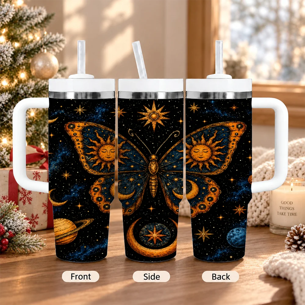 Golden Moon Mandala Vacuum Flasks 40oz Insulated Stainless Steel Tumbler with Handle & Straw, Hot Cold Gift Cup