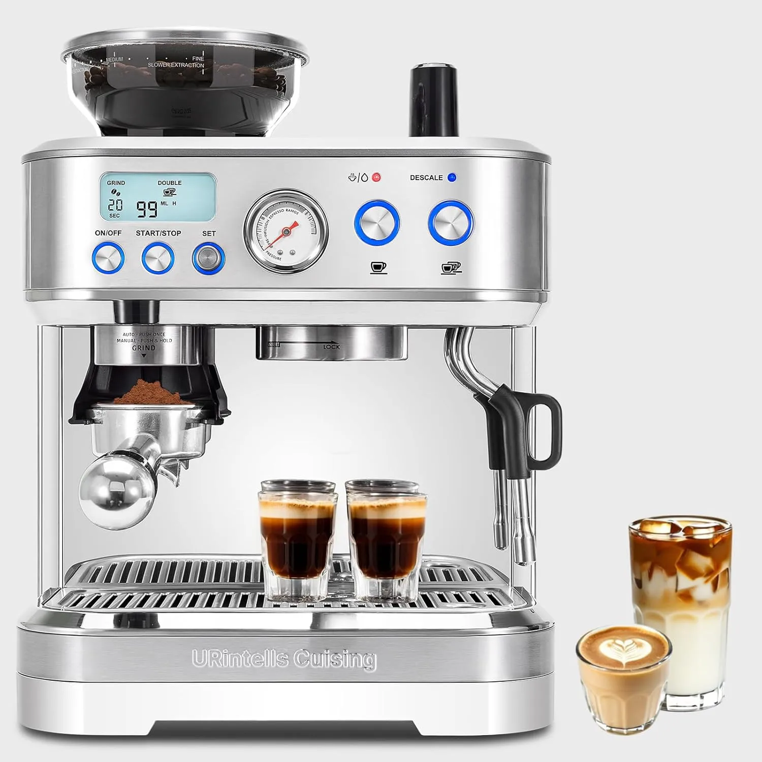 

Espresso Machine with Grinder, Stainless Steel Coffee Maker with 58MM Portafilte