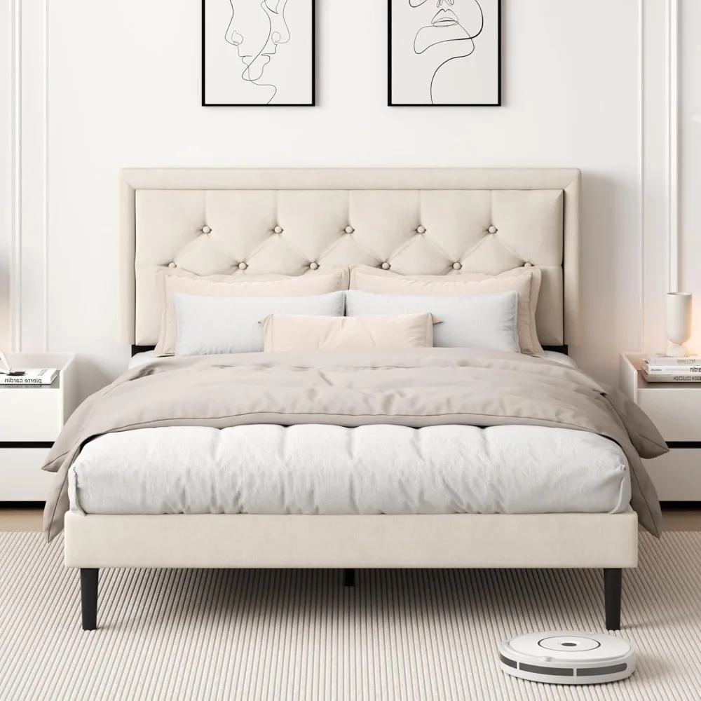 إطار سرير بمنصة مقاس مع لوح رأسي معنقدة بزر مخملي منجد، كريم أساس مرتبة مع دعم شرائح خشبية، لا