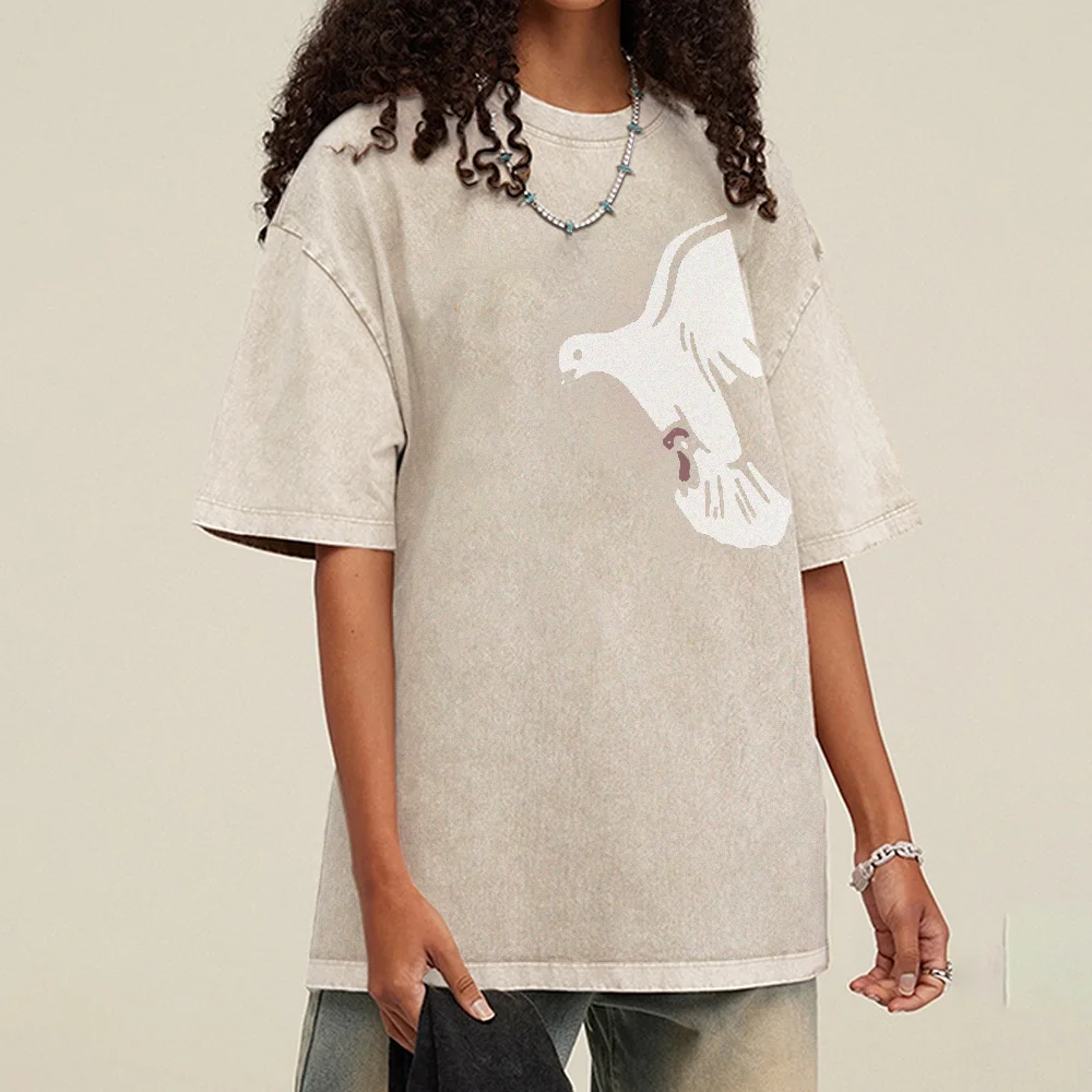 

Women's And Men's Vintage Washed White Dove Print T - Shirt Trendy Loose Street Style Simple Pattern Crew Neck Short Sleeve Top