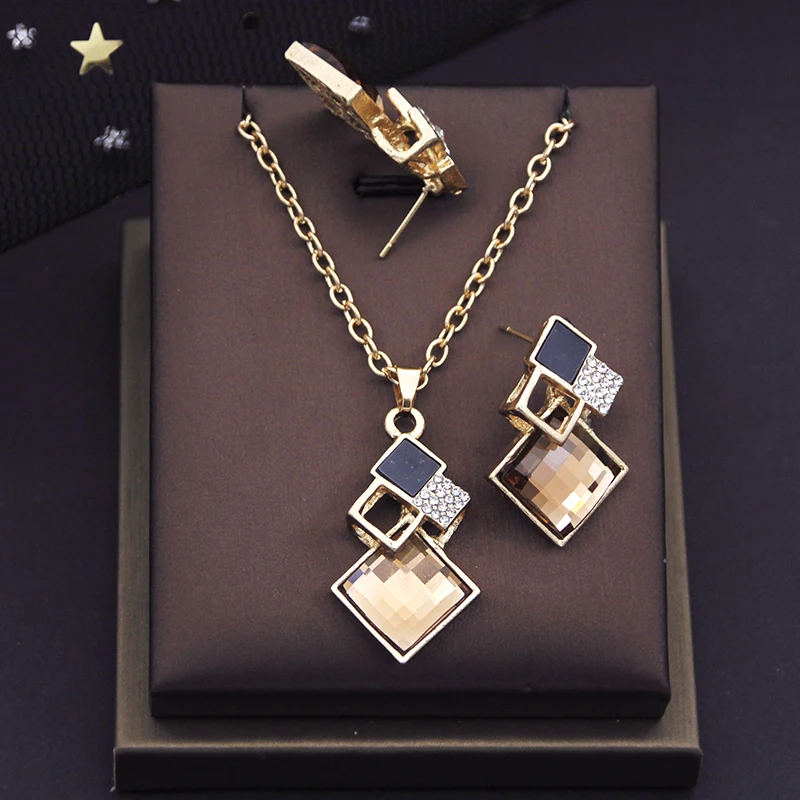 Geometric Square Crystal Jewelry Sets for Women Earrings Pendants Necklace Sets Fashion Accessories