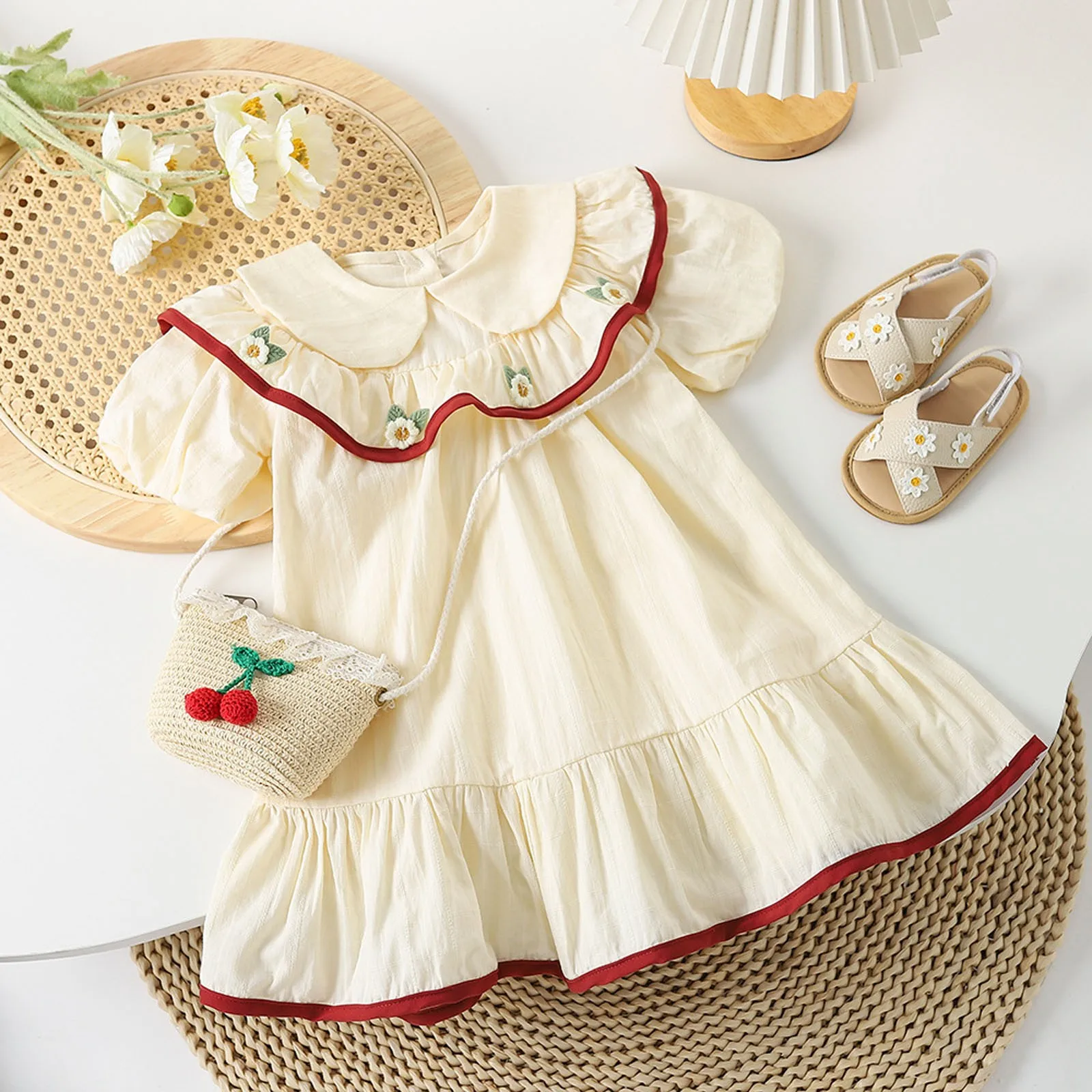 Children's Flower Embroidery Dress Summer Kids Girls Fashion Solid Color Turndown Collar Princess Dress Beach Sundress Vestidos