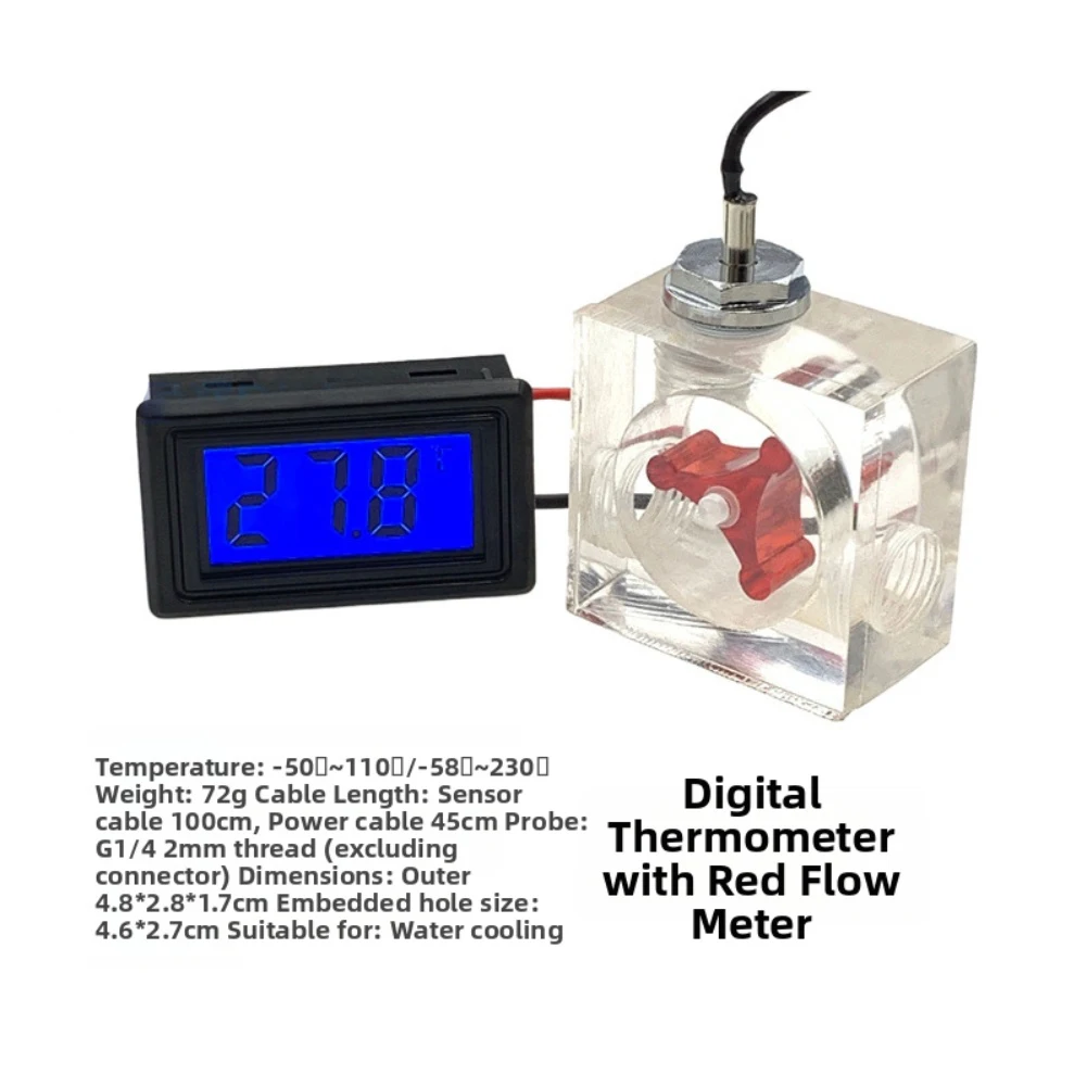 LED Thermometer And Three Way Flow Meter For Water Cooling System With Blue Digital Display Probe And Barbed Connectors Tool