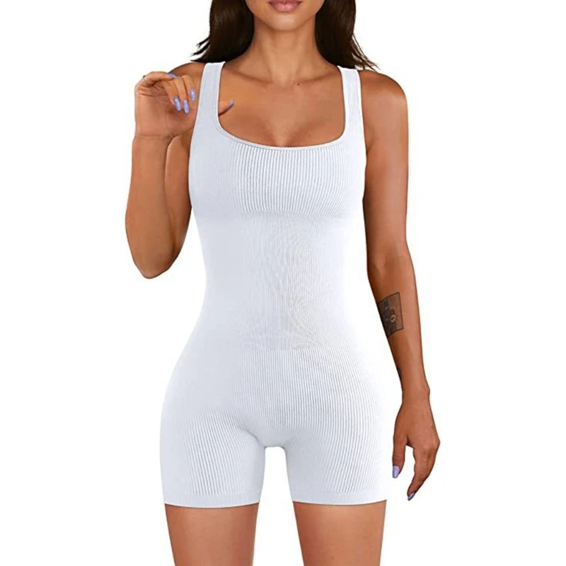 Women\'s Black Compression Yoga Jumpsuit Square Neck Fit Ribbed Bodysuit Drop Shipping