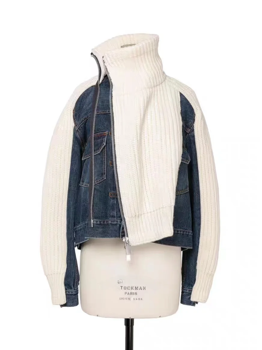 

Spring 2024 FOG SACAI SS24 Color Blo Woolen Long Sve Knitted Zipper Denim Jaet Women's Casual Sle Loose Fit Commute ...