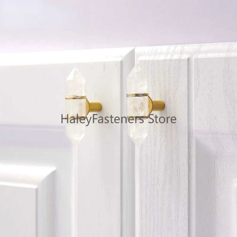 Natrual Pink Powder Crystal Handles with Brass Wire Binding Luxury Rose Quartz Amethyst Furniture Drawer Cabinet Handles Knobs