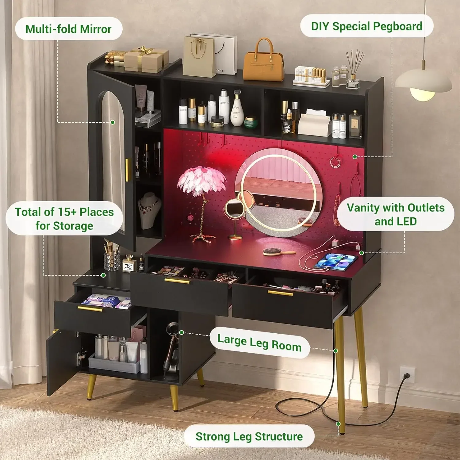 armocity 48'' Makeup Vanity with Hutch, Charging Station and LED, Tall Vanity Table with Pegboard, Mirror, 5 Big Drawers