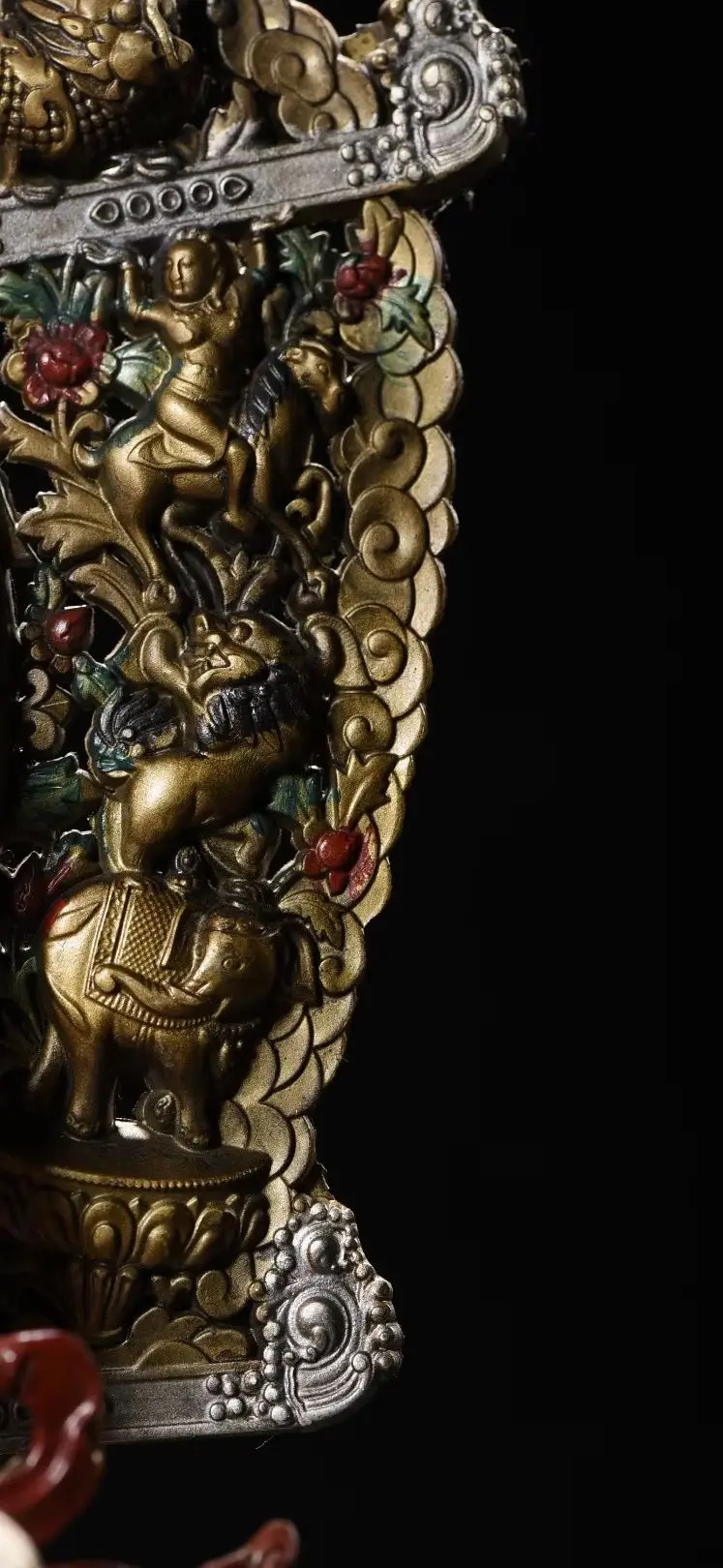 Folk  Old Bronze Painted High Relief Amitabha Longevity Buddha Double Lotus Buddha Terrace GARUDA Beast Backlight Worship Hall
