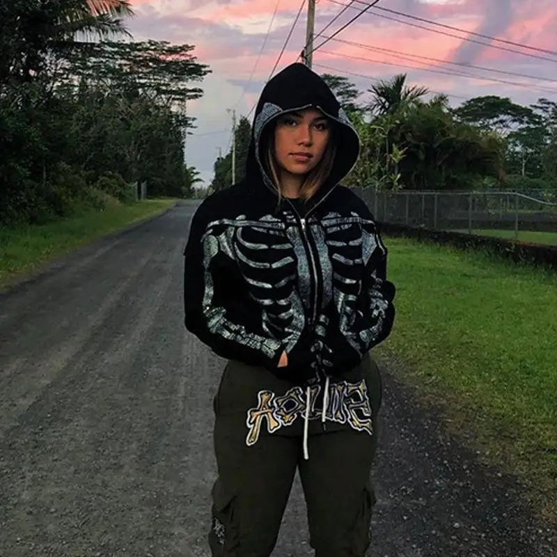 Rhinestone Spider Web Skeleton Embellishment Hoodies Men/women Top Y2K Jackets Grunge American Fashion Zip Up Hoodie Sweatshirts