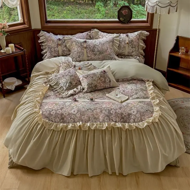 طقم مفارش سرير قطنية مصرية ، زهور على الطراز الفرنسي ، كشكشة دانتيل مطوي ، غطاء لحاف ، تنورة سرير ، أغطية وسائد ، 4 * ، 5 *