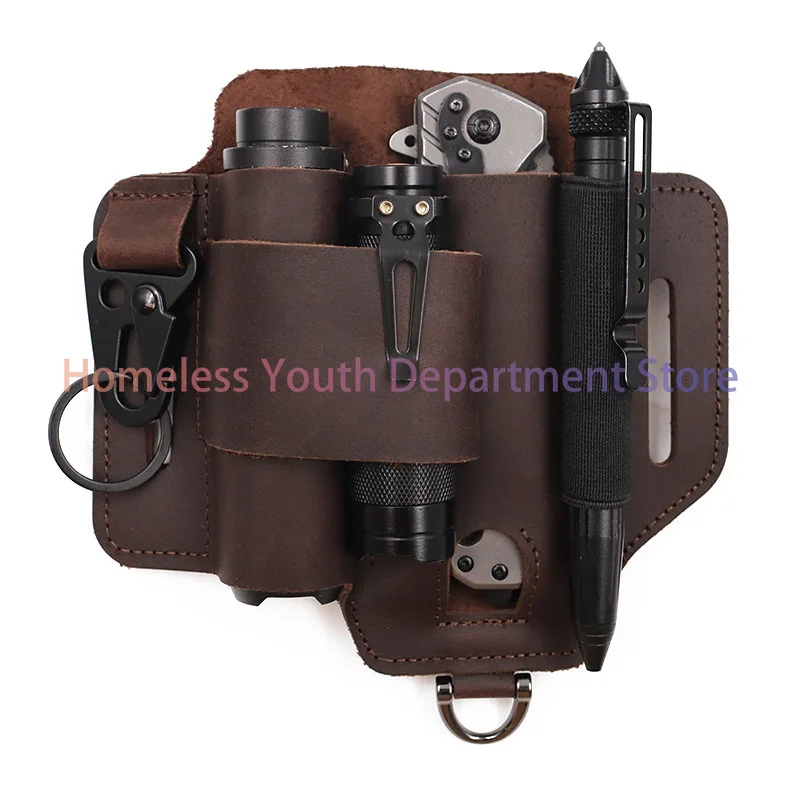 EDC Tool Leather Case, Wilderness Survival Storage Fanny Pack Outdoor Flashlight Cover Knife Cover