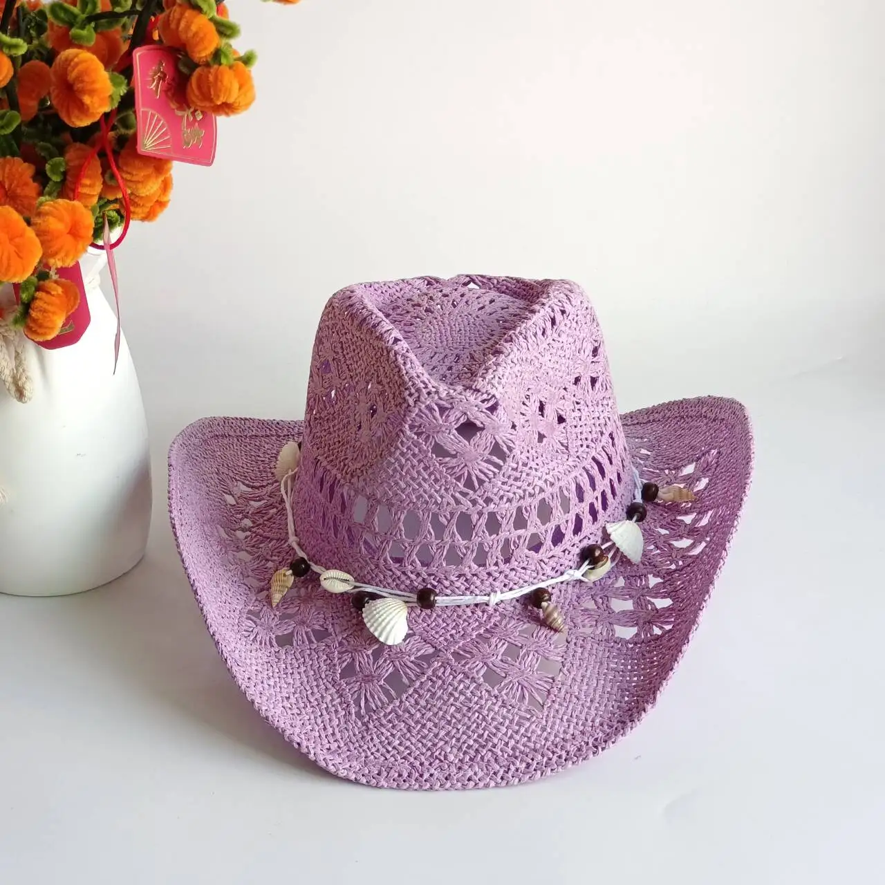 Vintage Summer Beach Bohemian Straw Hat Shell Women Men Western Cowboy Hats Wooden Beads Hollow Out Sun Hat Holiday Cap sombrer