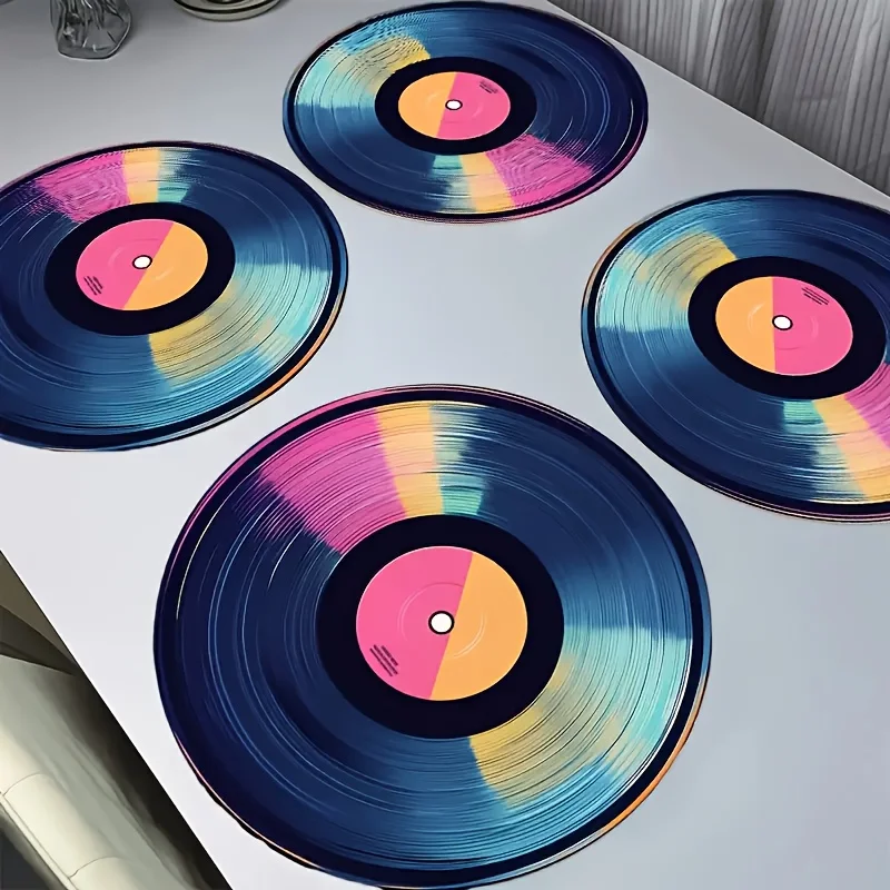VIKAMA 4PC Vinyl Record Placemat Circular Heat-Resistant Mat Dining Table Theme Retro Party Decoration For Restaurants