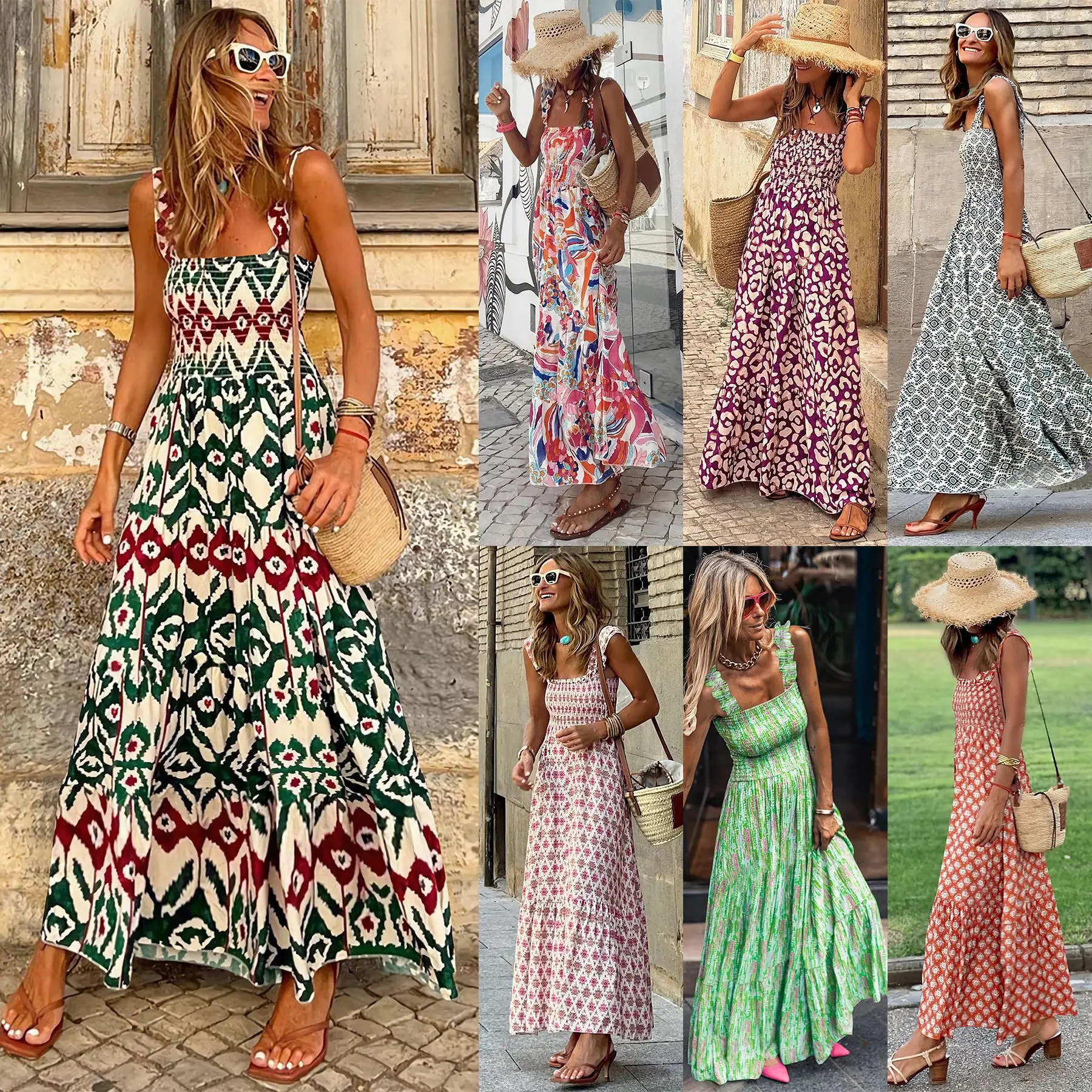 

Women's Elegant Printed Elastic Strap Dress 2024 Summer New Holiday Style French Fragmented Flower Hanging Strap Long Dresses