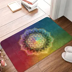 Rainbow Flower Of Life With Lotus Front Door Mat Anti-Slip Outdoor Sacred Geometry Doormat Kitchen Balcony Entrance Rug Carpet