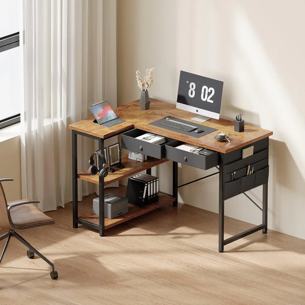 Home Office Desk with Drawers Shelves, 39” Computer Corner Desk, Shaped Desks with Side Storage, Rustic Brown Office Desks