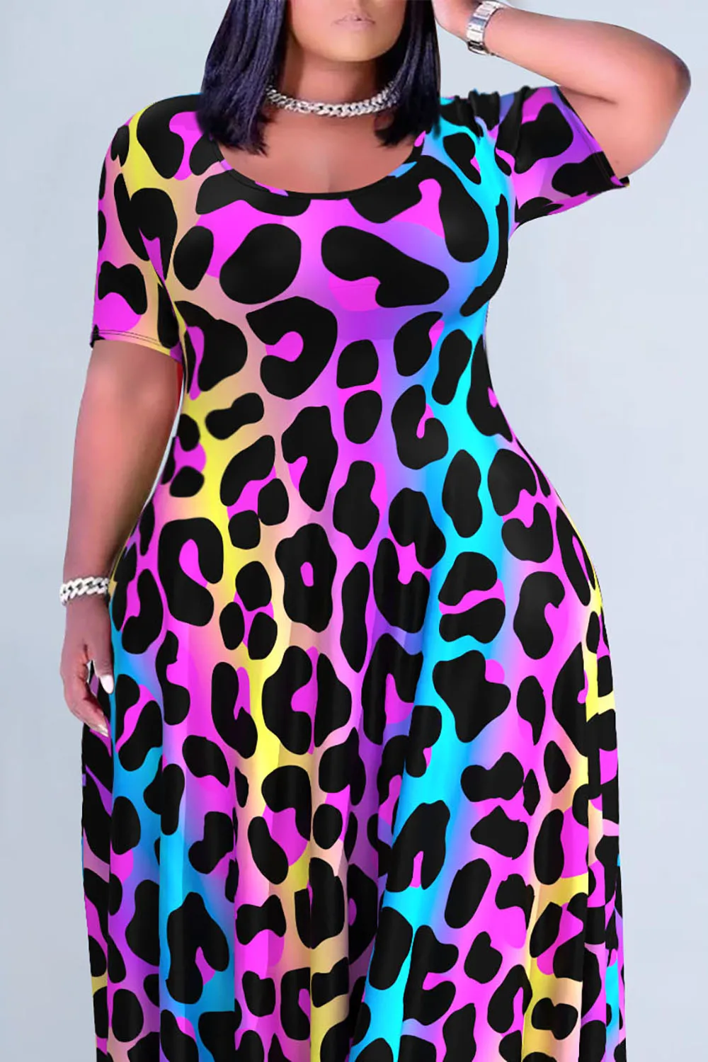 플러스 사이즈 여성 캐주얼 퍼플 레오파드 프린트 라운드 넥 반팔 맥시 드레스