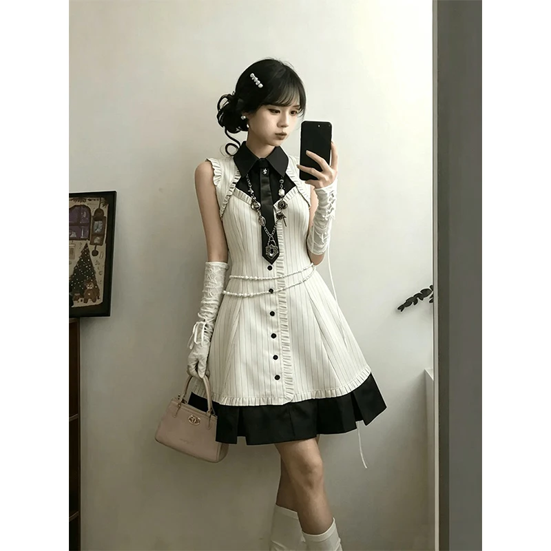 

Vintage Striped Mini Dress Women Japanese Harajuku Patchwork Sleeveless Dresses Summer Y2K Bodycon Design A Line Vestidos New