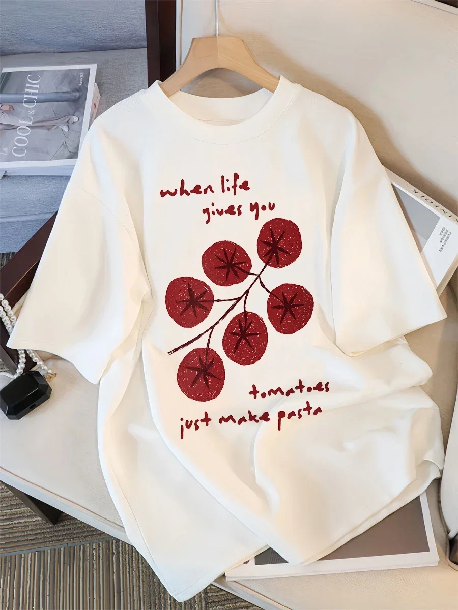 When Life Gives You Tomatoes Just Make Pasta Print Women T Shirt Fashion Casual Tee Shirts Street Short Sleeve New Top