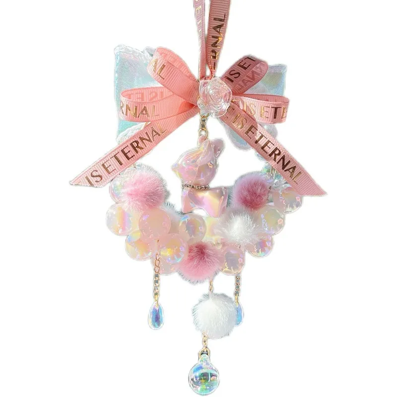 Cute Elk Deer Car Hanging Ornament Bubble Beads Bow Ribbon Pom Pom Car Rearview Mirror Pendant Lucky Auto Interior Charm Gifts