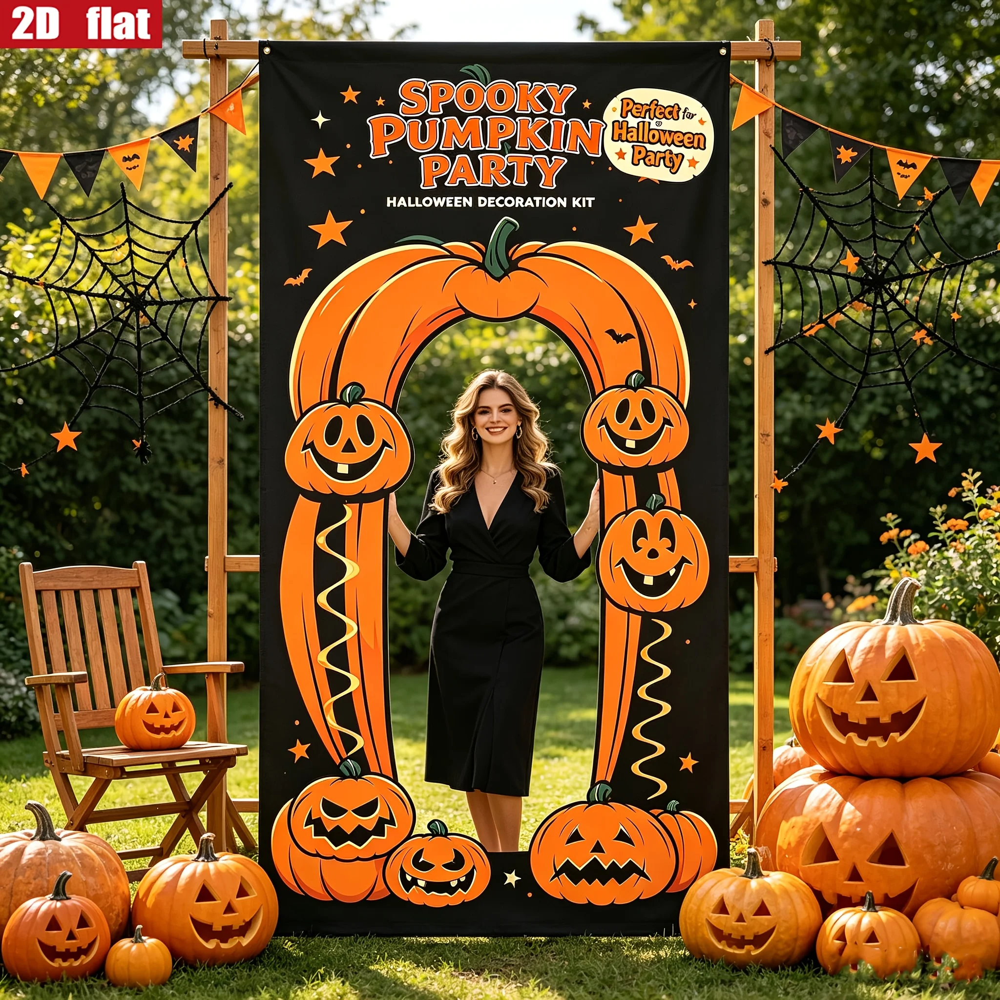 2D FLAT 1pc Jumbo Halloween Pumpkin Photo Booth Frame Banner, Spooky‑Themed Photo Background Cloth, Outdoor Wall Hanging Decor