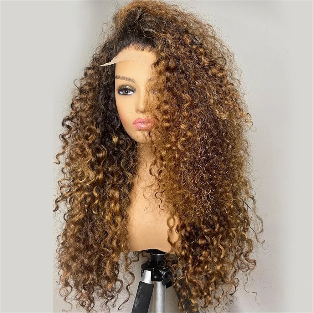 

Soft Long 26Inch Kinky Curly Ombre Brown 180 Density Lace Front Wig For Women With Baby Hair Synthetic Preplucked Glueless Daily