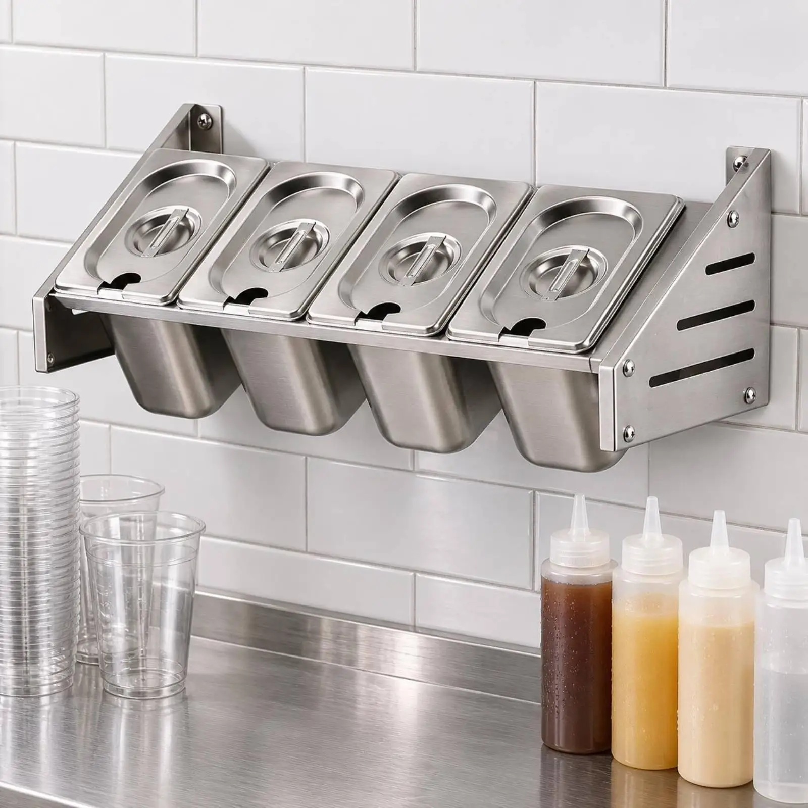 Wall-Mounted Condiment Rack Commercial Stainless Steel Condiment Rack Brushed Silver Culinary Service Organizer for Countertop