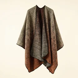 2026 Autumn Winter New Street Solid Color Gradient Herringbone Imitation Cashmere Warm Shawl Cloak Poncho Capes Brown