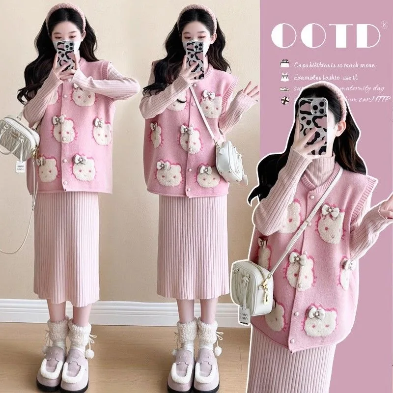 Kawaii Sweet Hello Kitty 3D Jacquard Knitted Cardigan Women's Autumn and Winter New Loose Stacked Sleeveless Sweater Cardigan