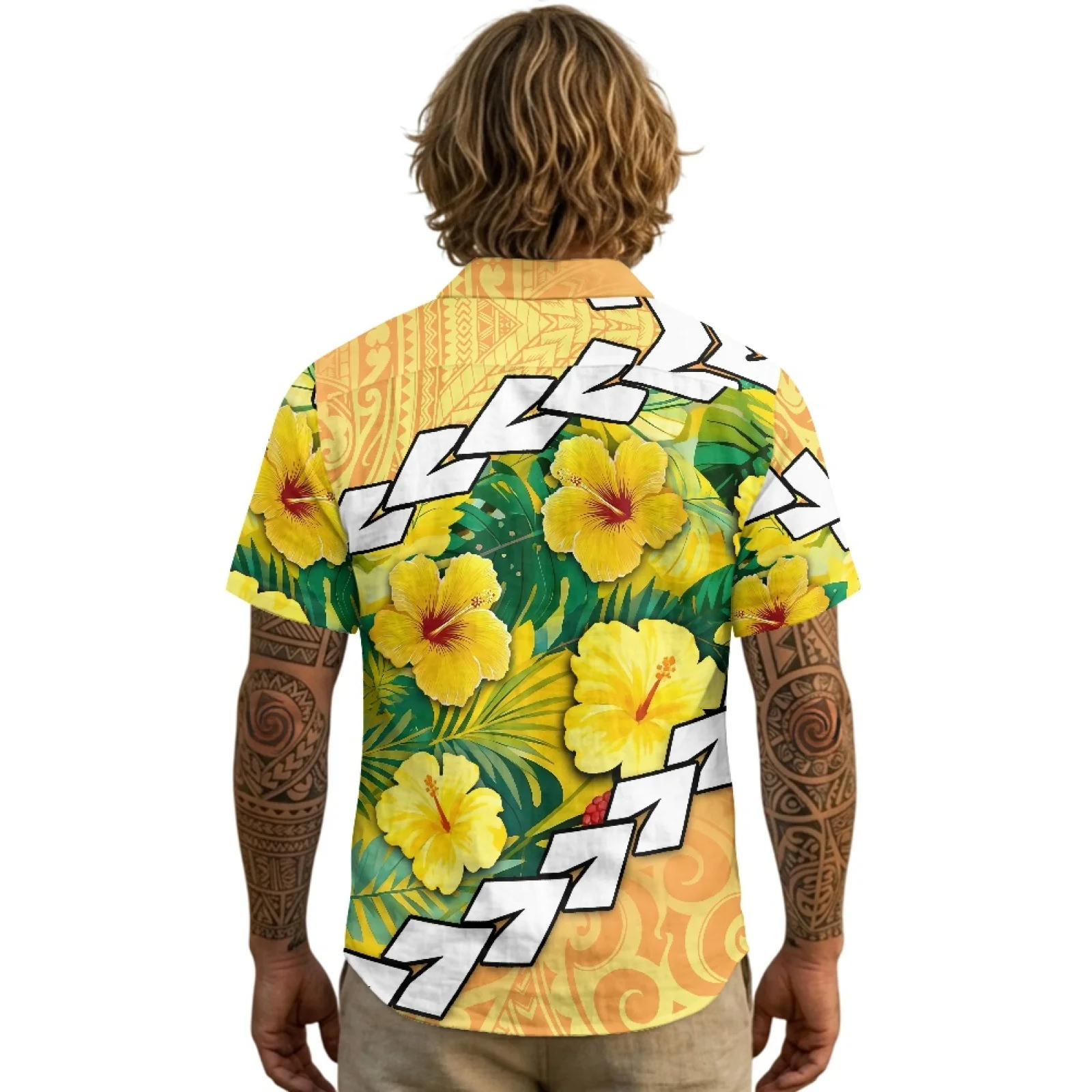 PENSTROLL Hibiscus Tropical Linen Style Beach Hawaiian Shirt Single Breasted Men's Short-Sleeved Shirts for Youth S-3XL