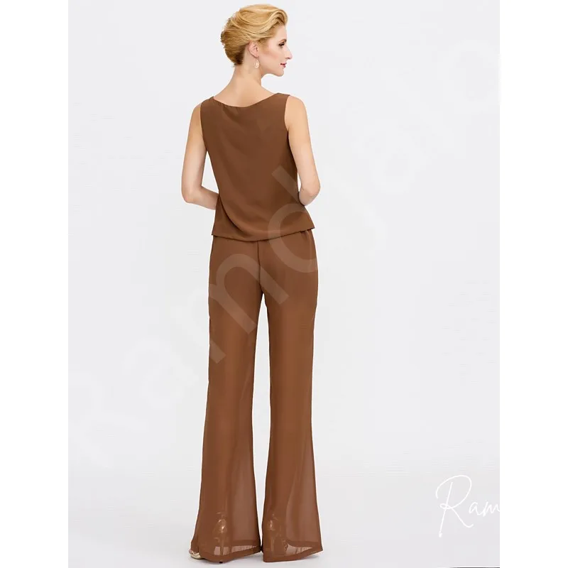 Customized Mocha Brown 3-Piece Chiffon Pantsuit with Draped Jacket Mother of the Bride or Groom at Weddings and Formal Events