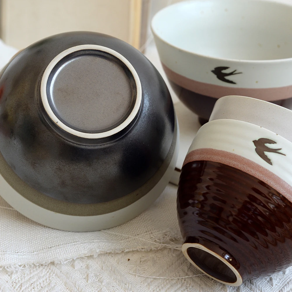 Fish Bird Pattern Color Block Ceramic Bowl Bamboo Hat Shape Rice Bowl Simple Style Salad Bowl Soup Dish for Home Tableware