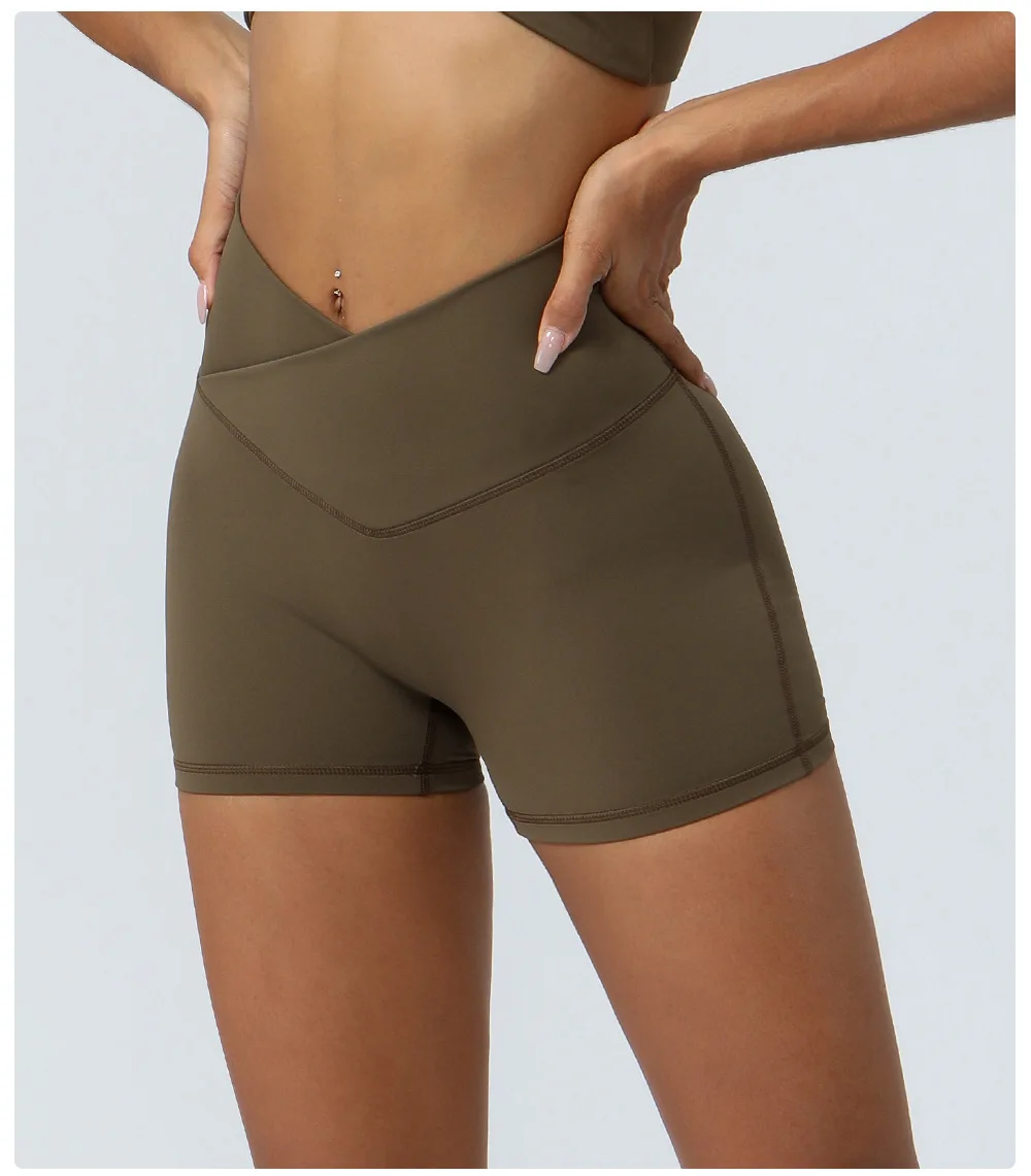 Pantalones cortos de Yoga con cintura cruzada en V para mujer, pantalones cortos elásticos para gimnasio, pantalones cortos de entrenamiento con realce, pantalones cortos deportivos para ciclismo