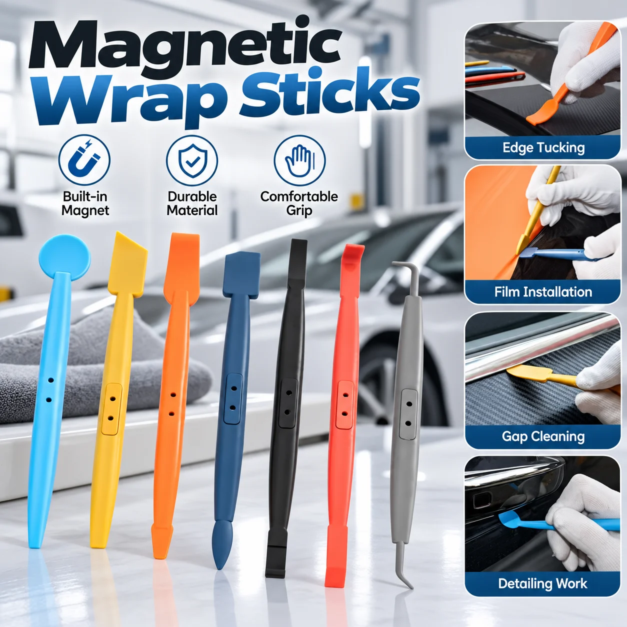 Magnetic Handle Edge Tucking Micro Squeegee Kit for PPF Vinyl Wrap Window Tint Narrow Gap Film Installation Car Wrap Tool
