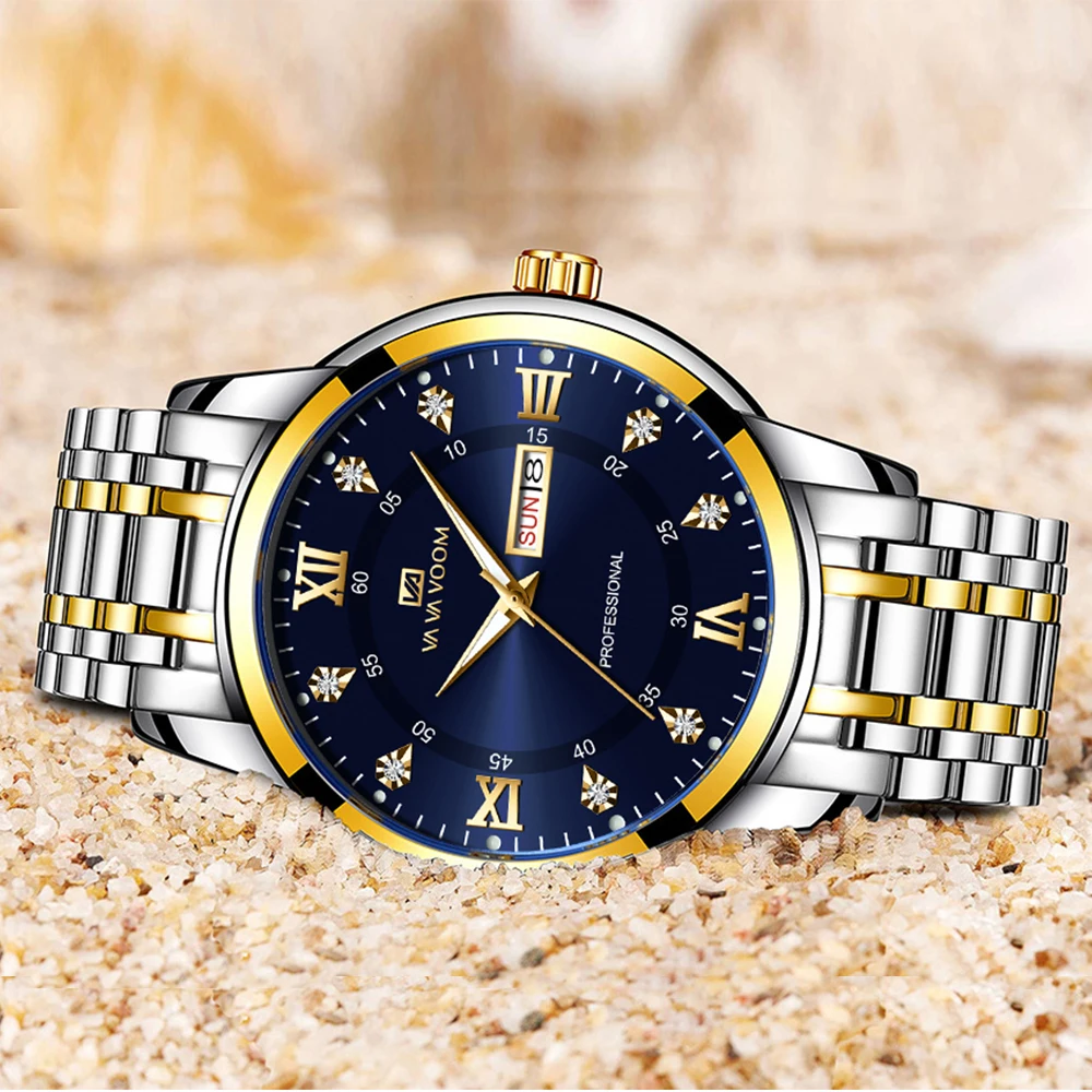 Luxury Mens Stainless Steel Hand Blue Gold Water Diamond Night Glow Weekly Calendar Movement  Free Shipping Fashion Quartz Watch