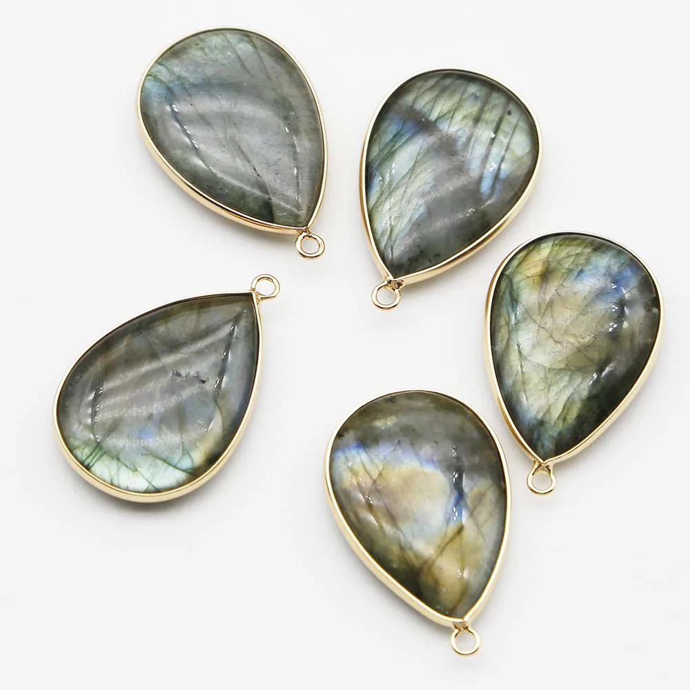 Selling Natural Gray Flash Stone Gilded Edge Water Drop Pendant Fine Necklace Reiki Charm DIY Jewelry Accessories Wholesale 4Pcs