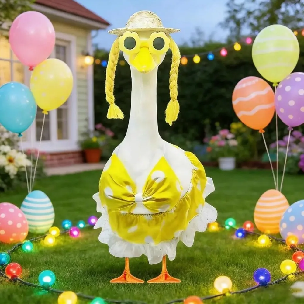 2026 New Arrival Hawaiian Style Porch Goose Outfit Yellow Large Polka Dot Two Piece Set Outdoor Statue Decor Clothing