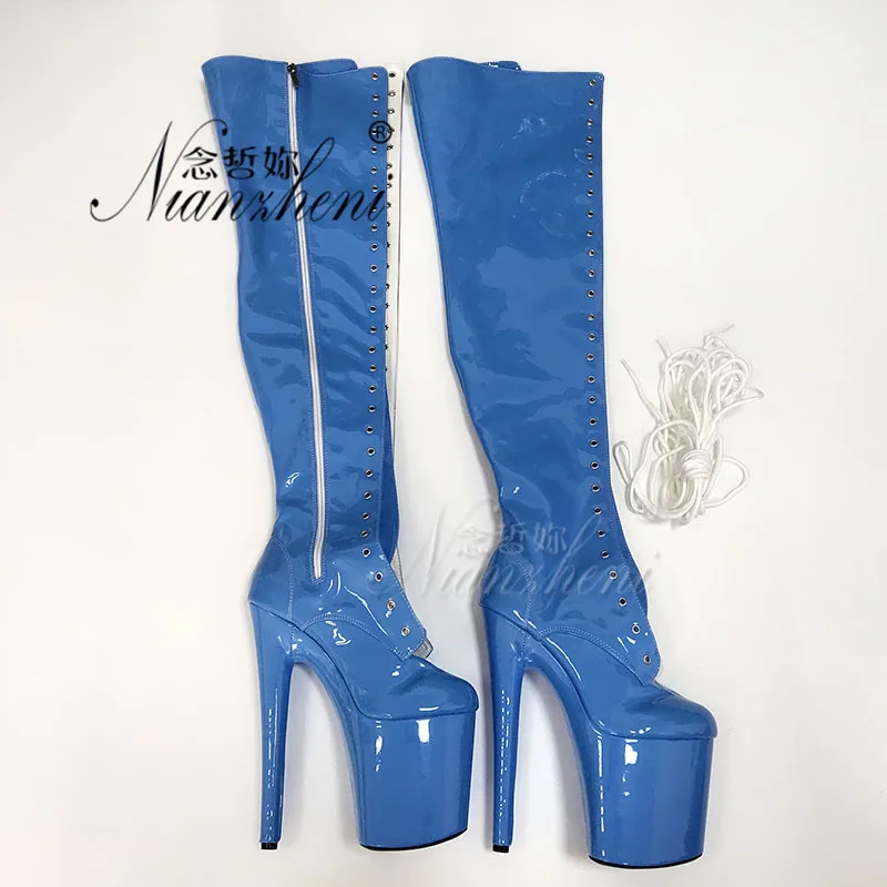 french bulldog Over The Knee Boots 20cm Stiletto Heels 8 Inches Platform Sexy Fetish Long Exotic Stripper pole Dance blue stage