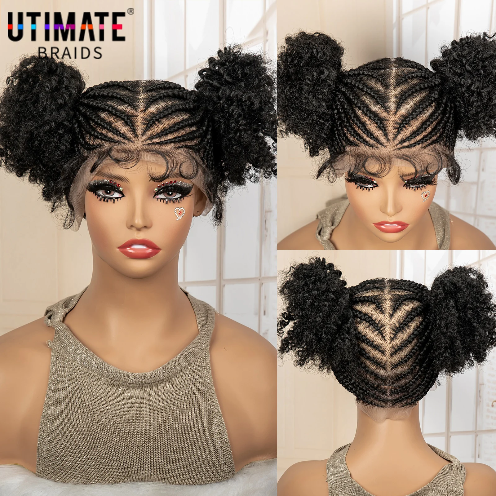 Synthetic Braided Wig with Buns Full Lace Cornrow Braids Wig for Black Women Transparent Lace Frontal Braiding Wigs 6 inches