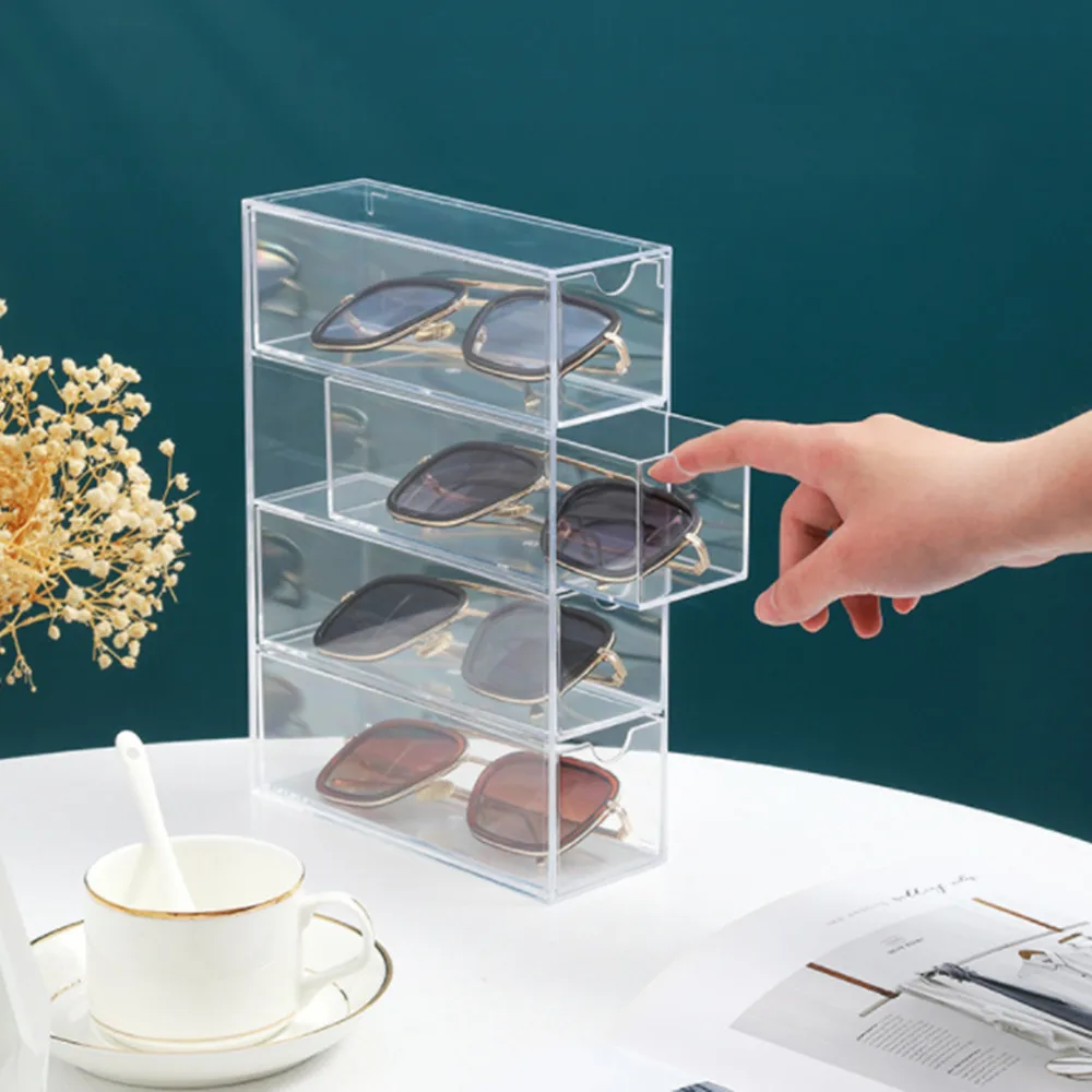 

Sunglasses Case Storage Box with 4 Clear Divided Drawers for Glasses Cosmetic Tabletop Display Organizer Holder Horizontally