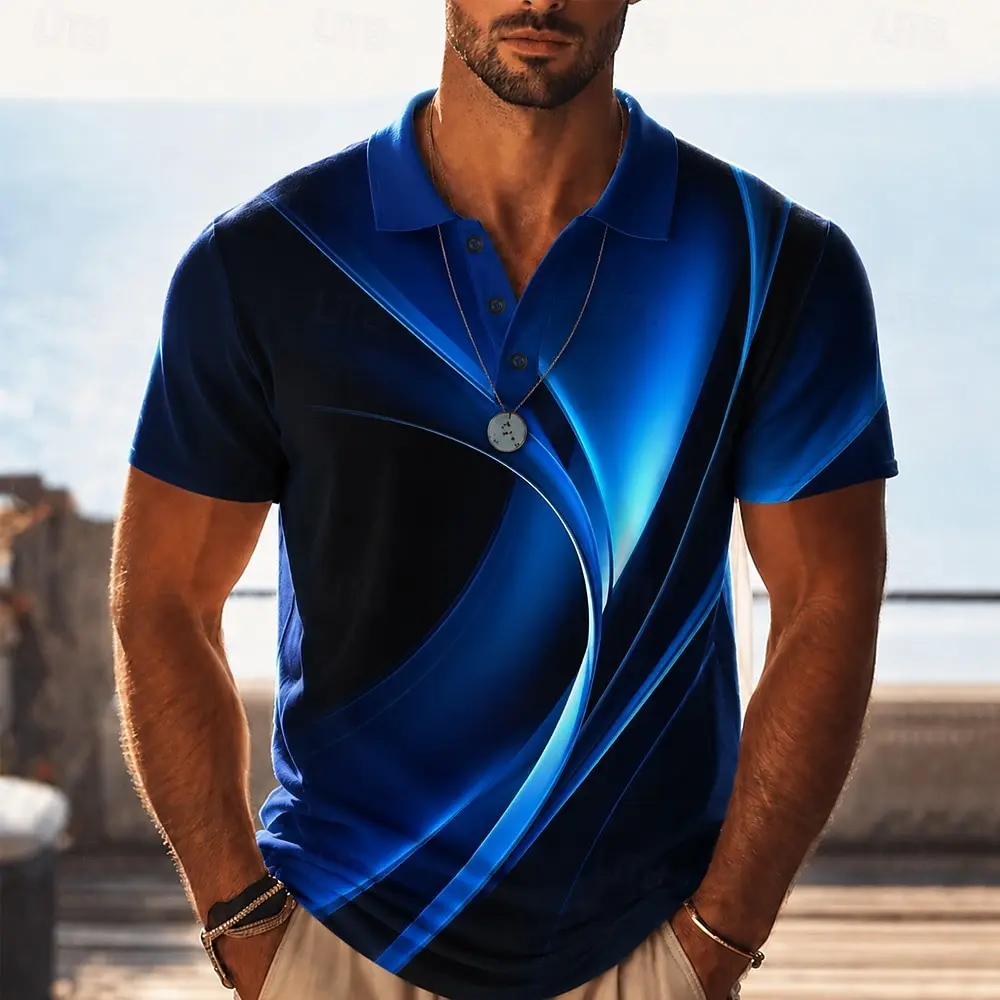 Men's Blue Gradient Swirl Print Polo Shirt, Casual Tops For Spring Summer Daily Streetwear & Smart Casual Occasions