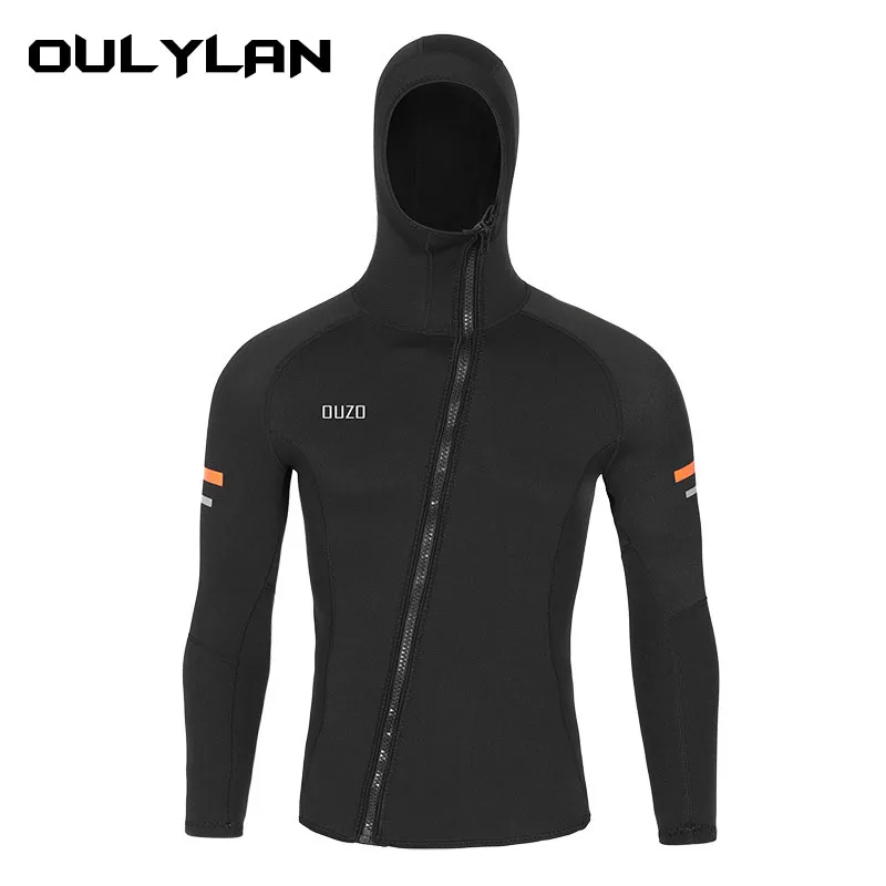 Oulylan Men's 1.5mm Wetsuit Diving Jacket with Hood Front Zip Surfing Suit Long Sleeve Top Neoprene Snorkeling Clothes