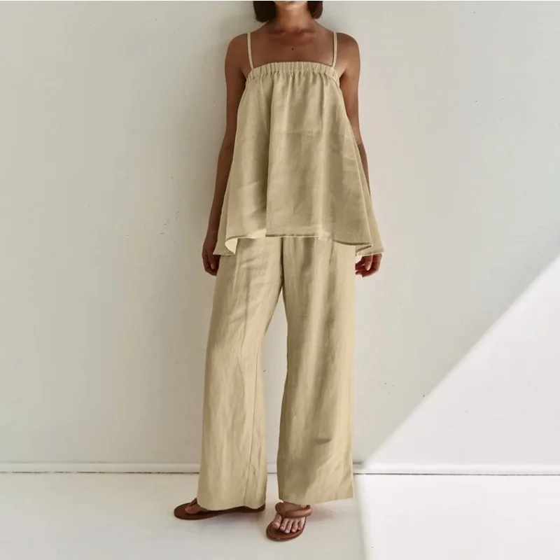 

2026 Summer New Fashion Women’s Two Piece Set Stylish Fluffy Suspender Top Chic Wide Leg Pants European American Trends L Size