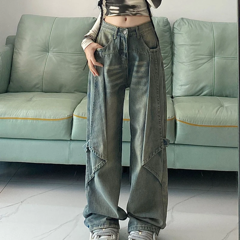 QWEEK Y2k Vintage Jeans Women High Waist Loose Straight Pants Spring Blue Spliced Casual Streetwear Fashion Denim Wide Leg Pants